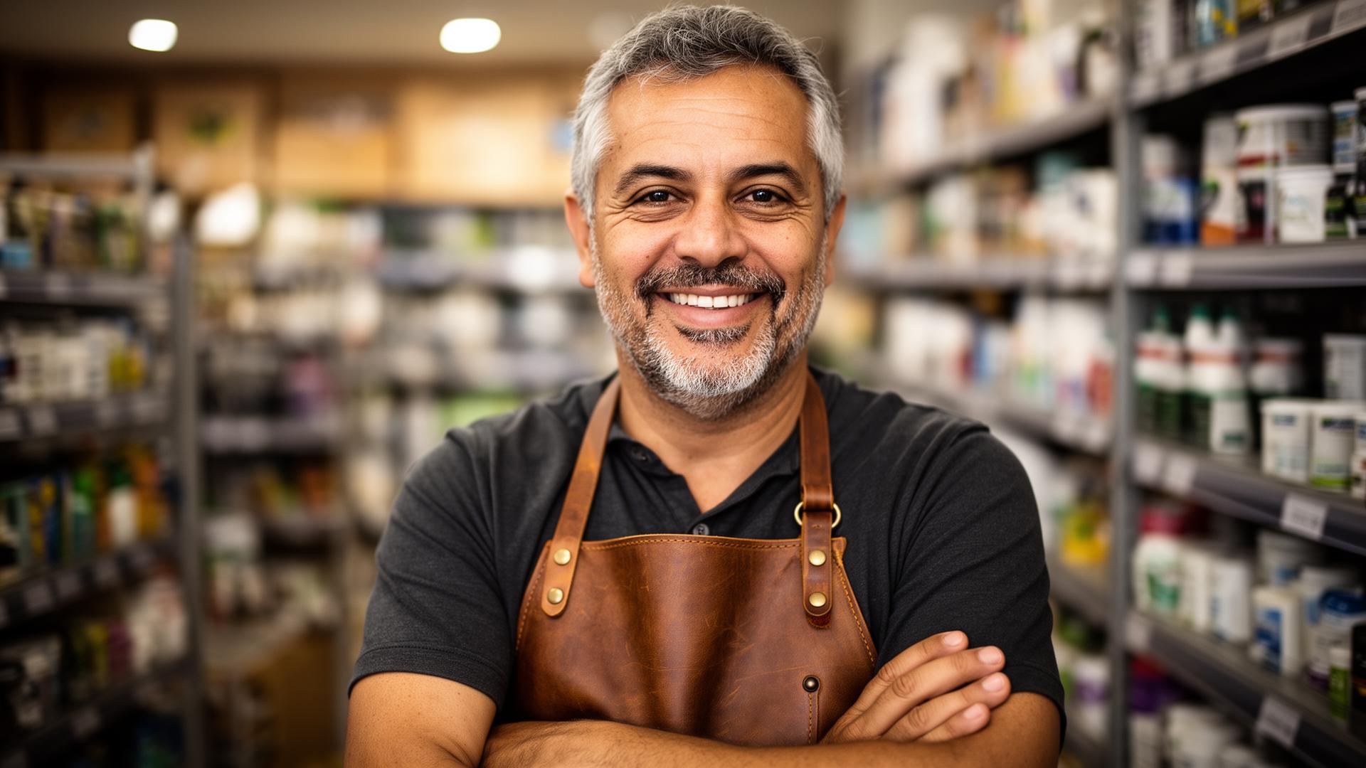 Lojista satisfeito usando o sistema de gestão Feax